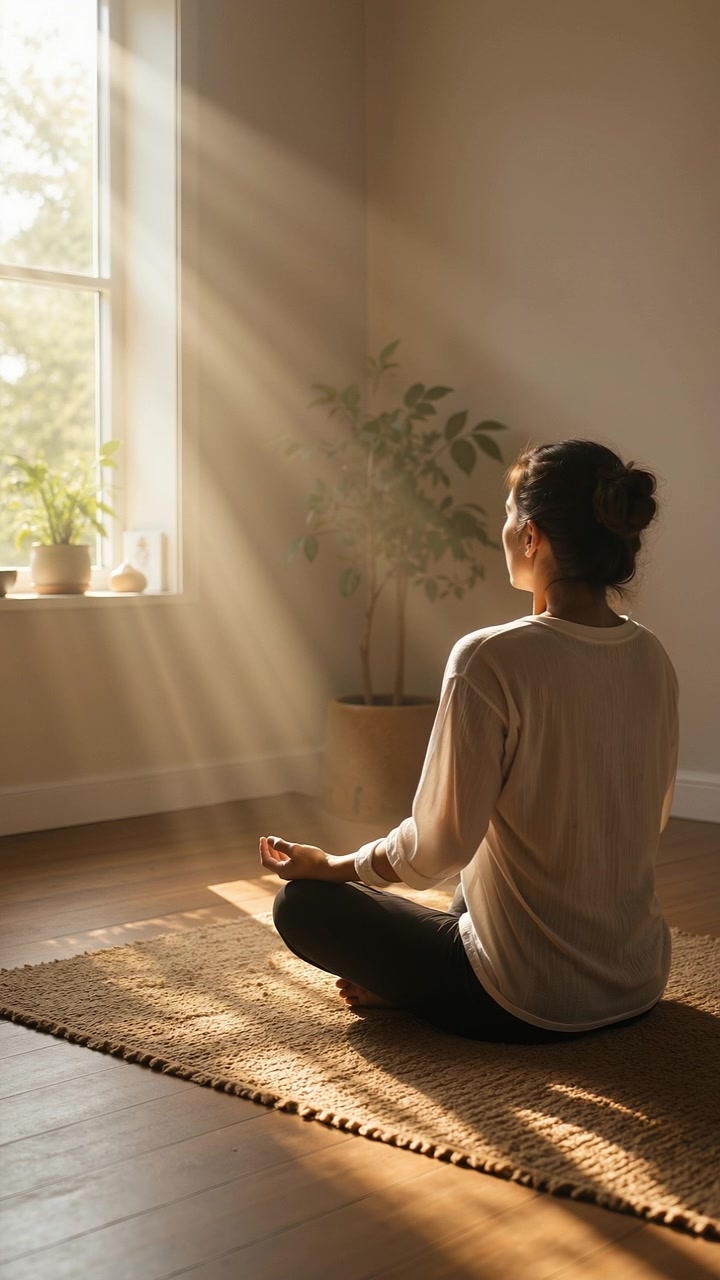 Jovem mulher meditando em posição de lótus com a luz quente do sol entrando pela janela.
