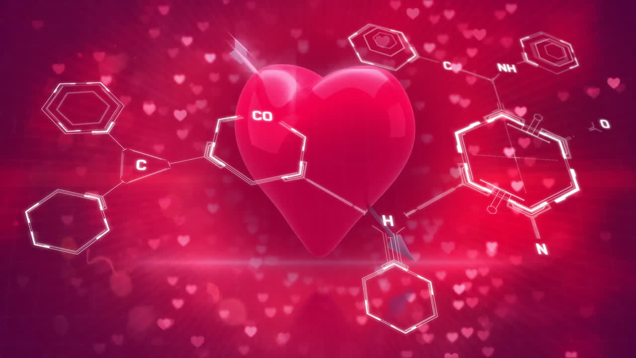 animación de la fórmula química sobre el corazón con flecha en fondo rojo
