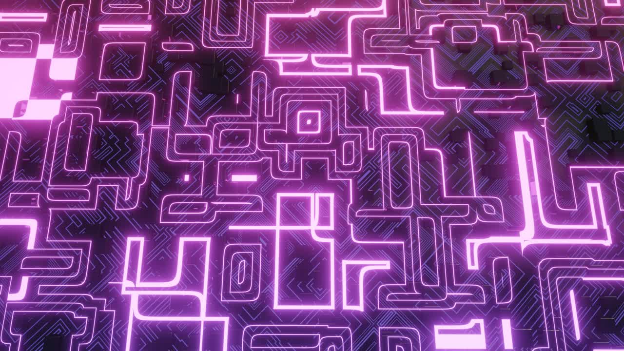 patrón hi tech en la superficie del plano, brillo de neón, elementos complejos y estructura. animación en bucle 4k. objetos 3d forman composición de ciencia ficción en la superficie patrón 3d. tecnología de la información, hardware futurista