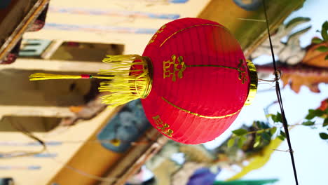 close up of chinese red paper lantern swaying in wind