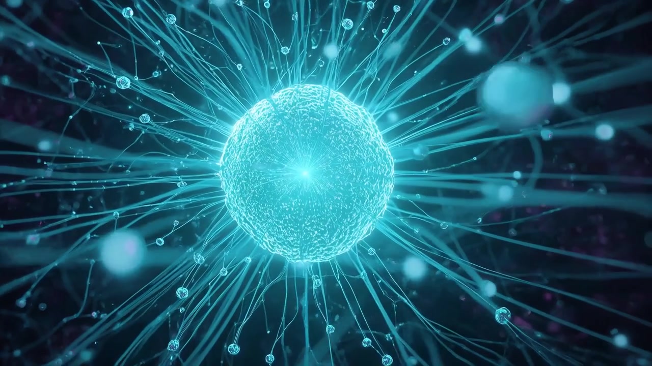 Una telecamera che si avvicina, causando filamenti luminosi di una sfera ciano e perle pulsanti che si muovono verso l'obiettivo nello spazio.