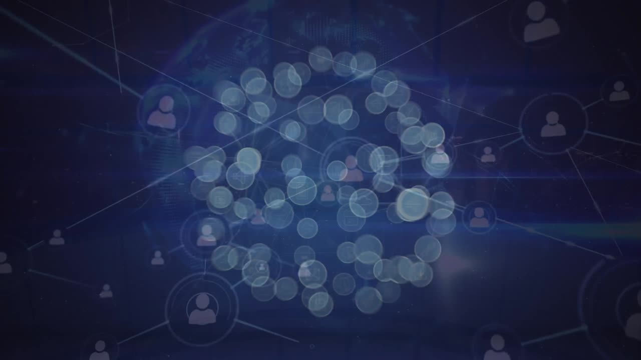 파란색 배경에 회전하는 지구 위의 프로필 및 디지털 아이콘 네트워크의 애니메이션