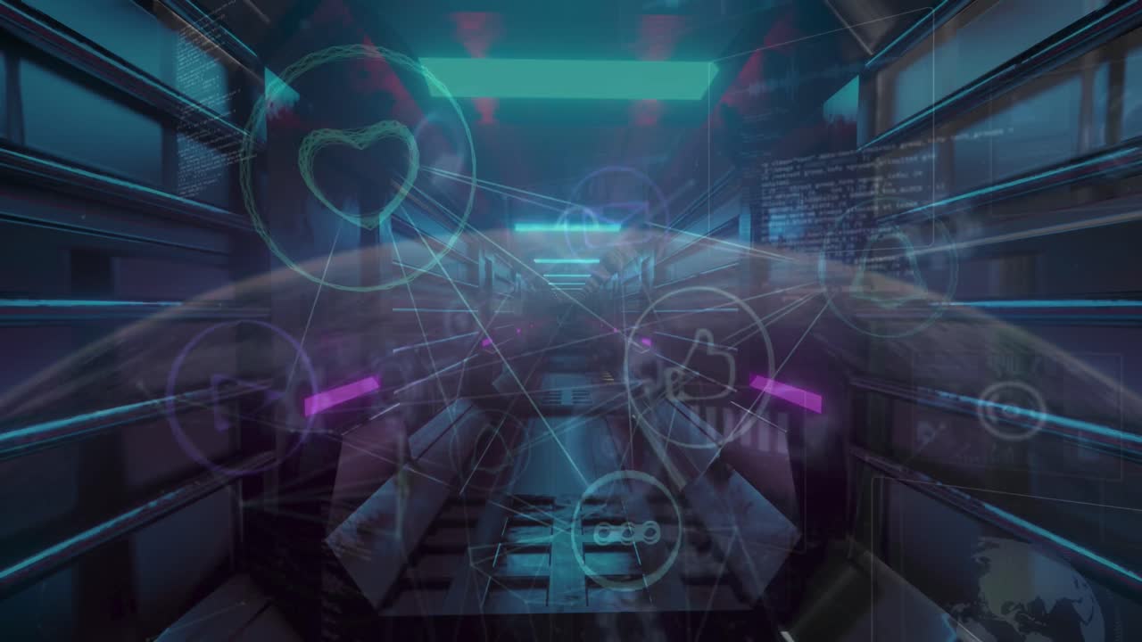 연결 네트워크의 애니메이션과 서버 의 소셜 미디어 아이콘