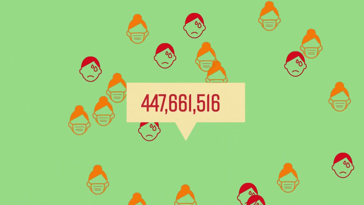 animación de pictogramas de rostros humanos volando con números que aumentan en burbujas de habla amarillas