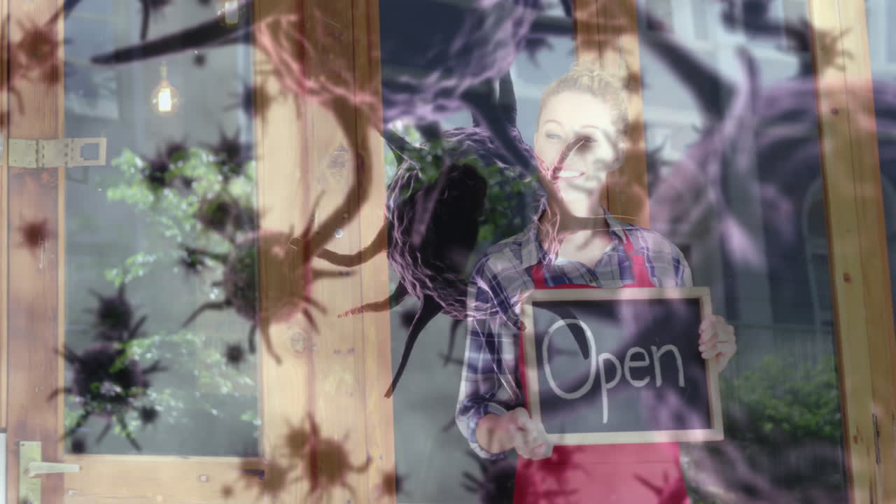 마크로 코로나19 세포의 애니메이션이 행복한 백인 여성 요리사가 열린 표지를 들고 떠다니고 있습니다.