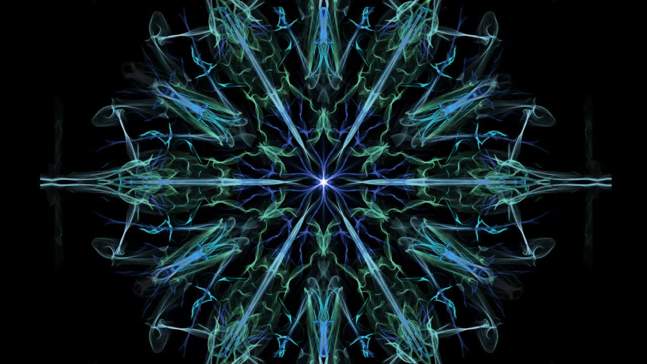 Green and blue fractal hexagonal ornament on black background. Abstract fantasy patterns in loop motion, tunnel effect