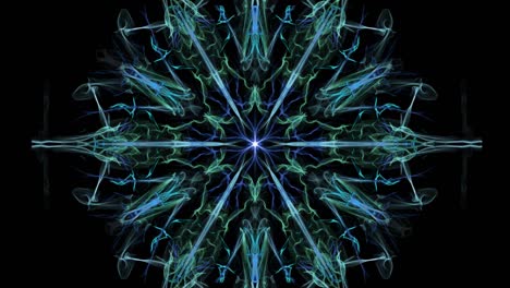 green and blue fractal hexagonal ornament on black background. abstract fantasy patterns in loop motion, tunnel effect