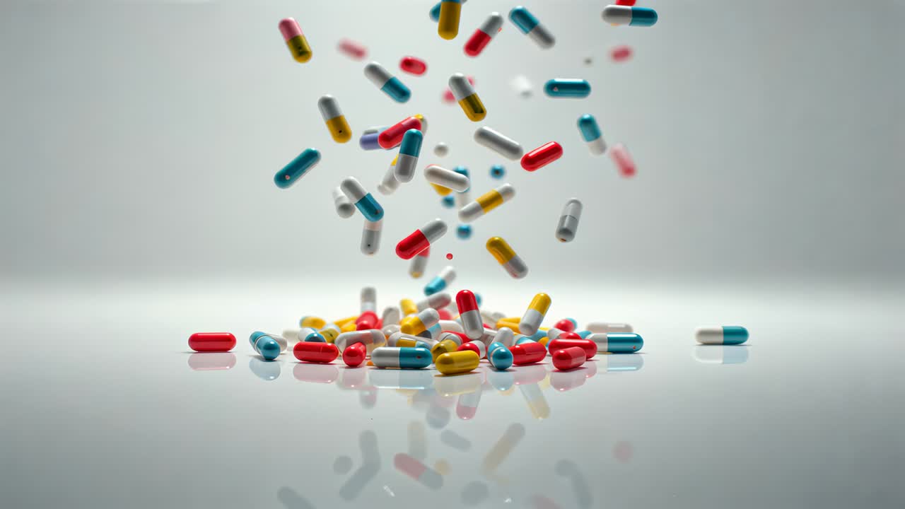 Stream releasing colorful capsules tumbling onto glossy tabletop in studio, forming mirrored mound