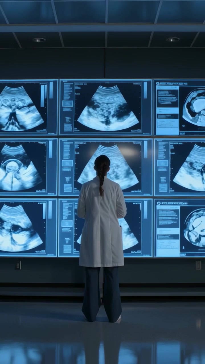Vertical video: Arriving at display, doctor reading sonogram wall for report in clinic, lab coat