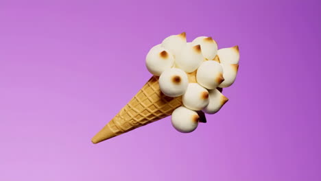 abstract ice cream cone with toasted spheres on purple background