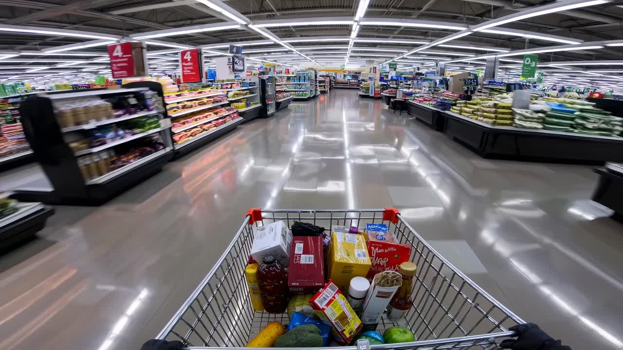 食料品店の通路で、ショッピングカートからのPOVビデオショット。広角ビューで撮影されている。