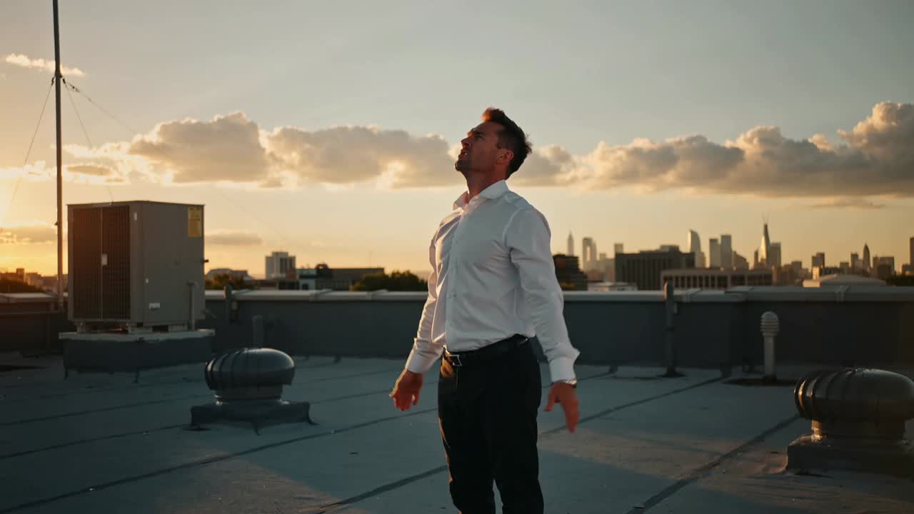 Hombre de negocios levantando los brazos y vestido con una camisa blanca, estirándose hacia la puesta de sol en una azotea, con una unidad de climatización