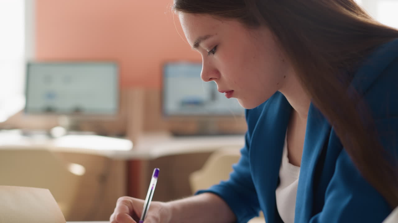 Woman writes at table in library closeup. Student does homework using special textbook at desk in college. Lady prepares presentation for lesson