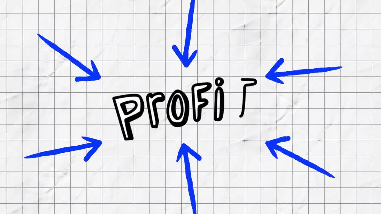 Animazione di frecce blu che indicano il testo "profitto" su carta a quadretti