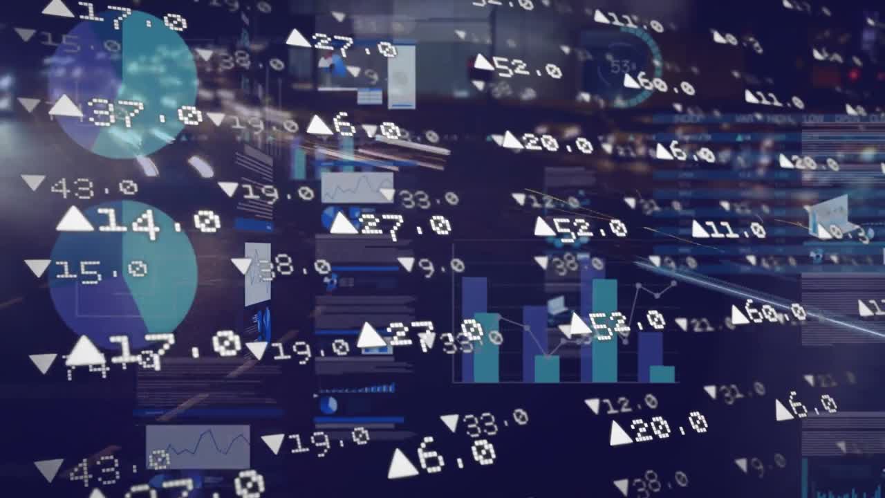 Animation of financial graphs and data processing on digital screen over night road traffic