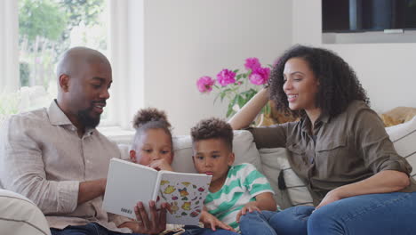 parents sitting on sofa with children at home reading book together