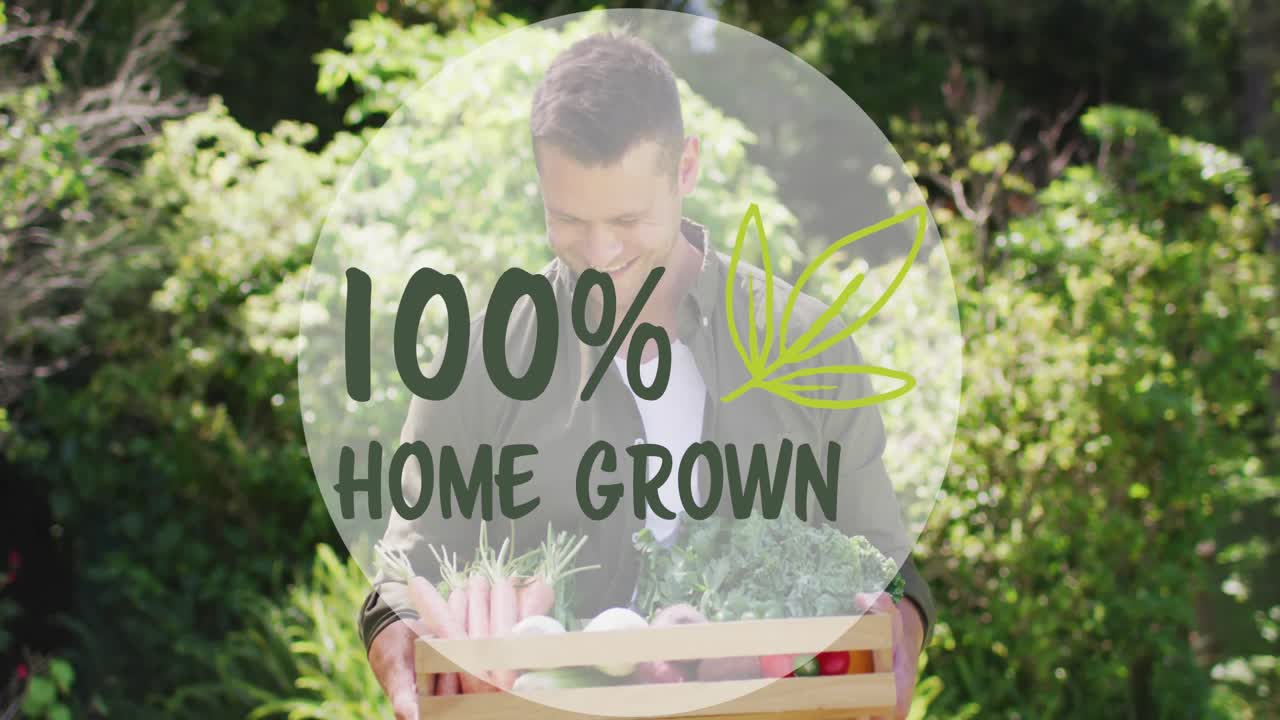 채소와 함께 행복한 백인 남성 위에 100 퍼센트 집에서 자란 텍스트의 애니메이션