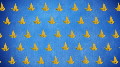 Animation-of-rows-of-autumn-yellow-leaves-on-blue-background