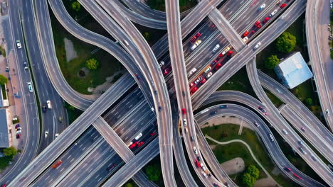 aerial view of a complex highway interchange with busy traffic