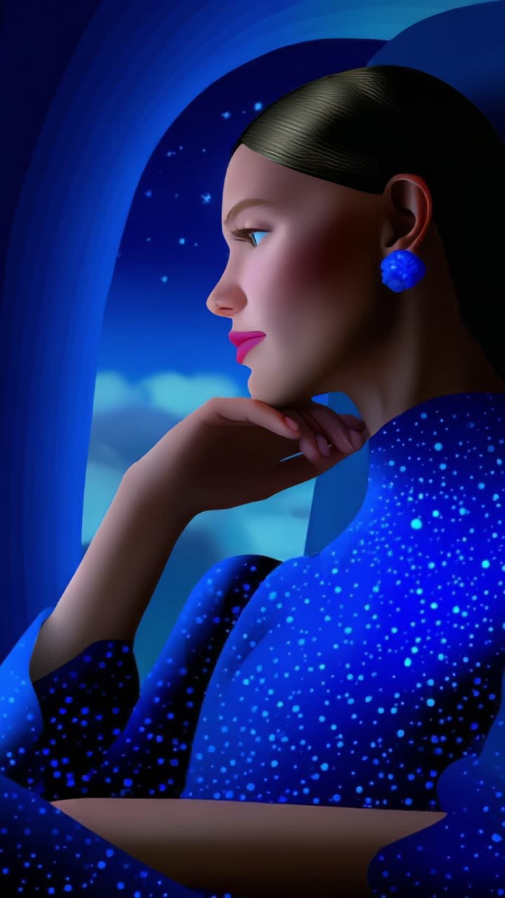 星空の下で物思いにふける青い服の女性の静謐なポートレート。夢のような雰囲気の中で美しさ、優雅さ、そして静けさを捉える