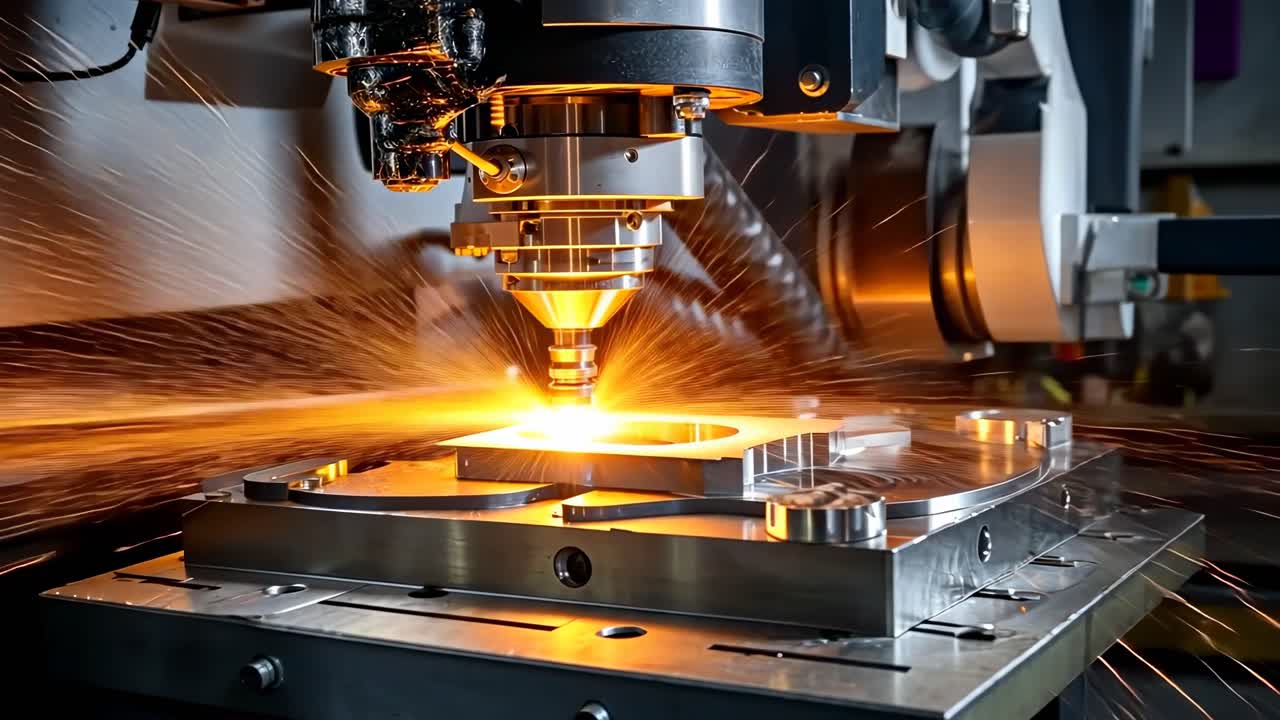 Close-up angle of a CNC machine cutting metal, sparks flying