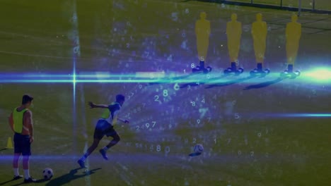 Animation-of-data-processing-over-diverse-male-soccer-players-playing-at-stadium