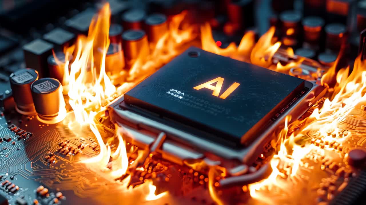 A computer chip on fire on top of a motherboard