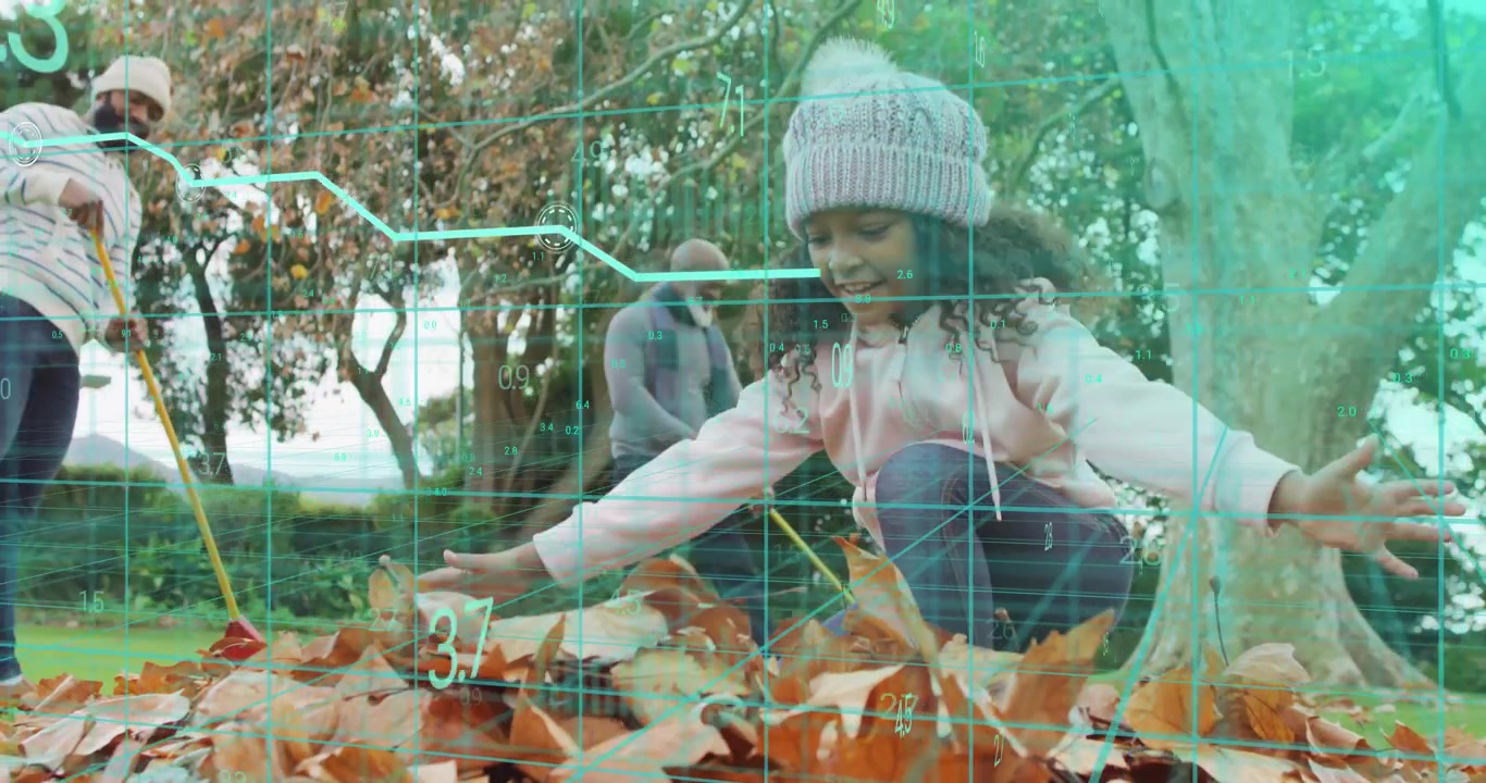 Home gardening men raking leaves while granddaughter entering causing pausing and jumping into pile