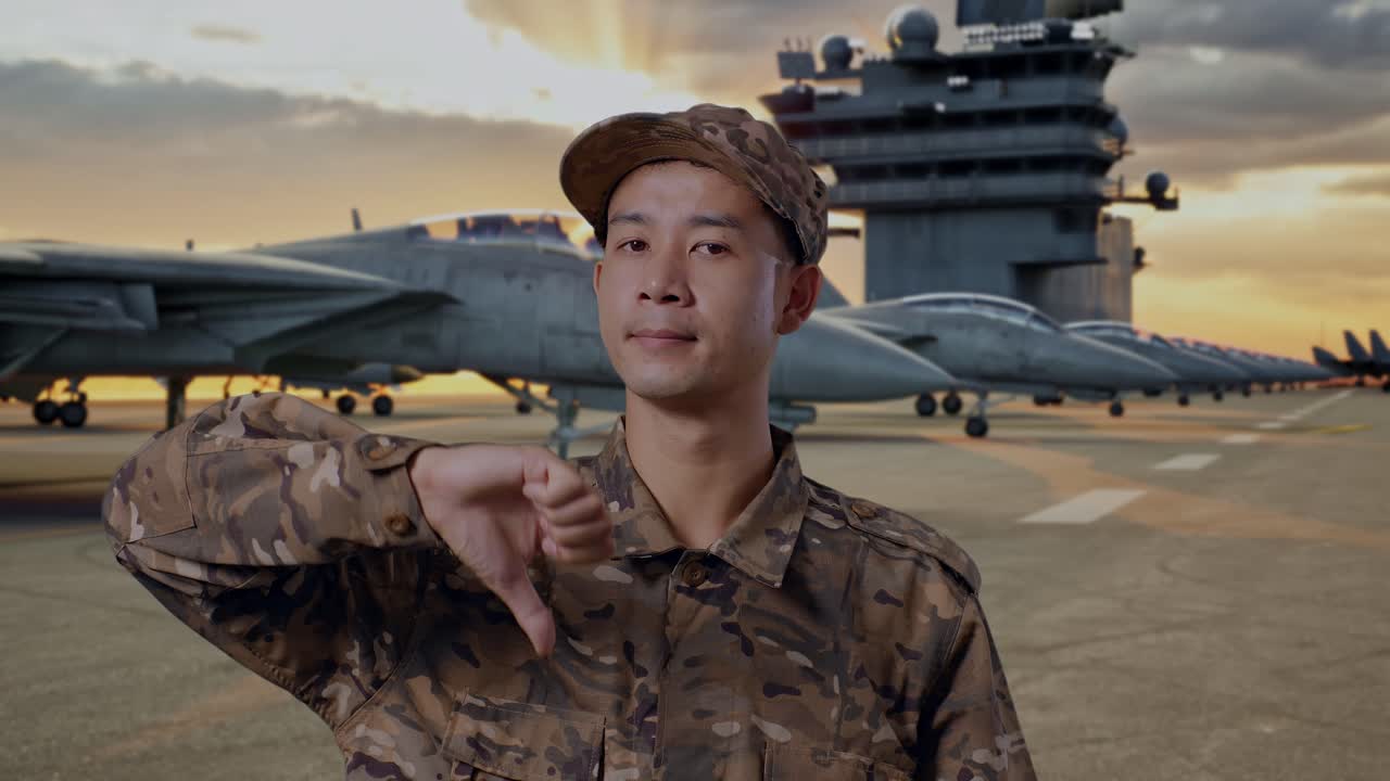 Disapproving Military Personnel on Aircraft Carrier Deck at Sunset