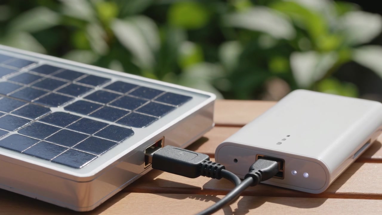 Pannello solare che assorbe la luce solare, caricando un power bank tramite cavo USB su un tavolo in giardino, con LED.