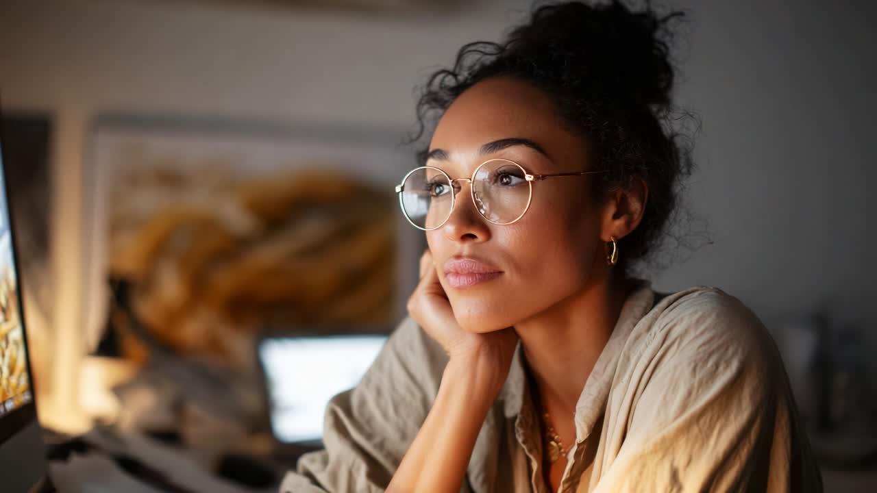 A Thoughtful Woman Reflects While Working on Her Computer, Capturing the Essence of Focused Contemplation in a Cozy, Softly Lit Home Office Environment During Evening Hours
