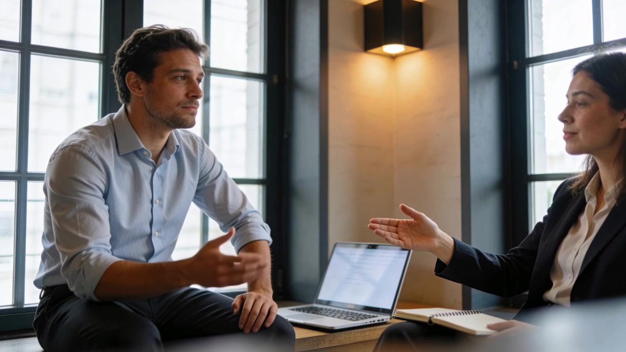 Talende kvinde i blazer gestikulerer og forklarer projekt, mens mand svarer på kontoret, med bærbar computer.