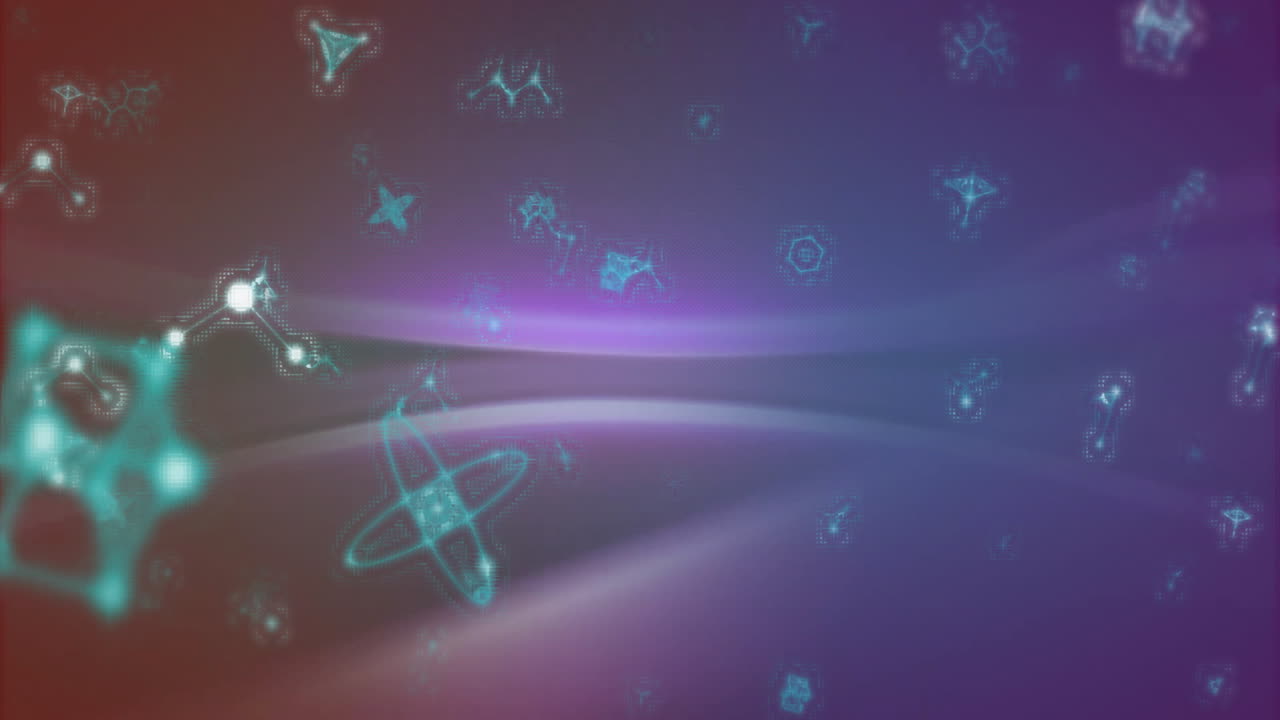 Animation of molecular and atomic structures and connections over moving soft pink and purple light