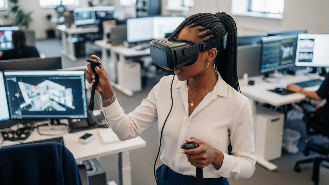 Engaged in Virtual Reality: A Focused Individual Using VR Equipment in a Modern Office Environment with Multiple Screens and Colleagues Present