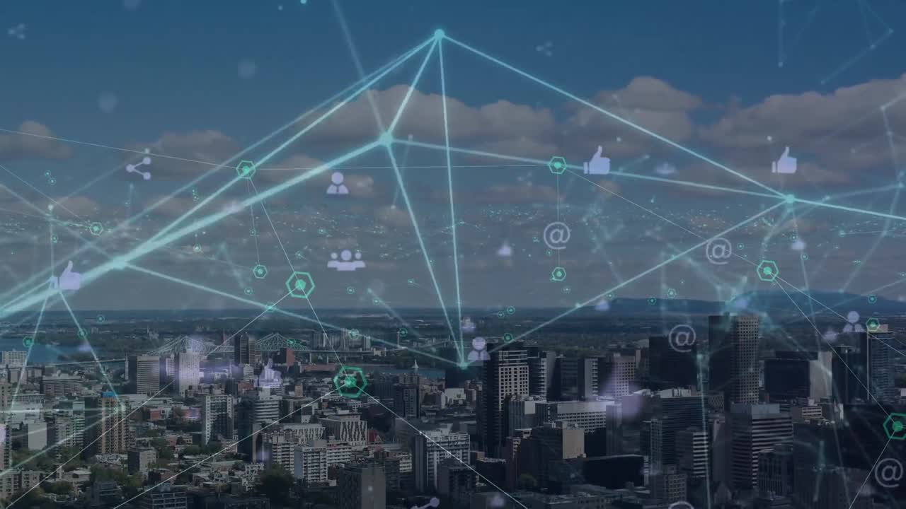 animación de la red de conexiones con iconos sobre el paisaje urbano