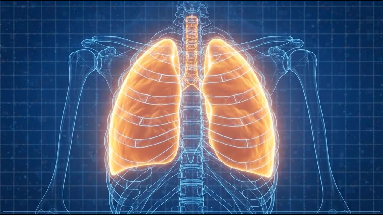 Contorno arancione di un polmone all'interno di una gabbia toracica trasparente su sfondo medico blu