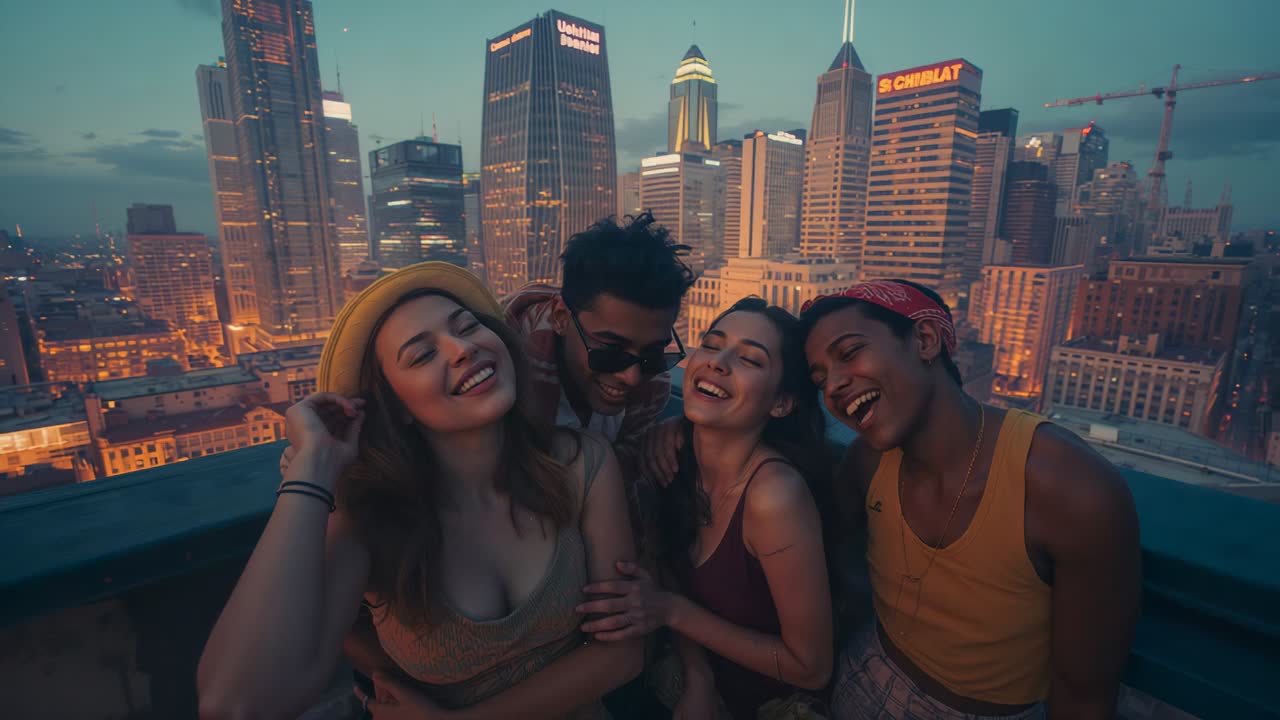 Holding smartphone for selfie, four friends adjusting hat, posing on roof terrace dusk city skyline