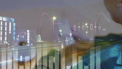 animation of statistics and data processing over cityscape and businessman using smartphone