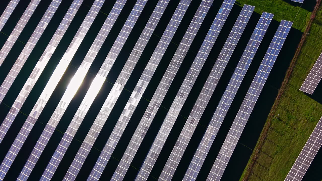 I pannelli solari generano energia in un impianto di energia rinnovabile durante il giorno, vicino a un campo aperto con erba verde e luce solare.