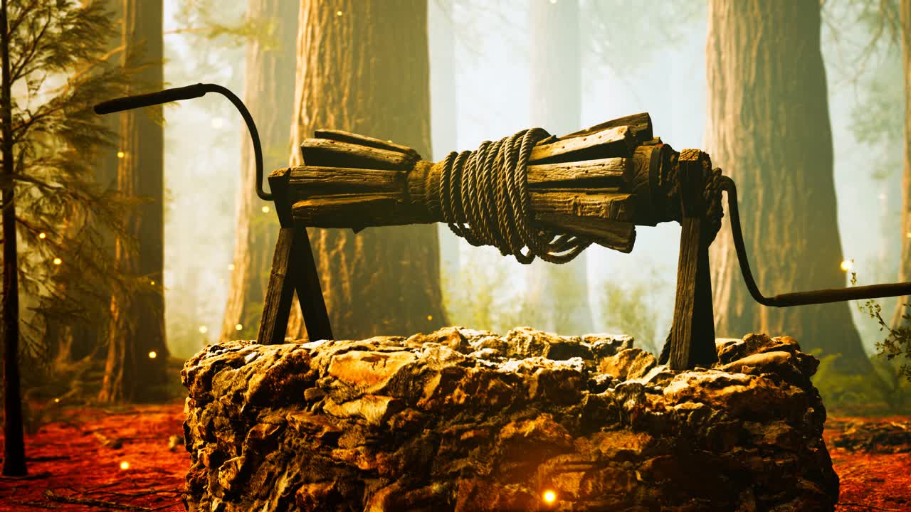 오래된 돌은 안개와 함께 숲에서 잘 그려