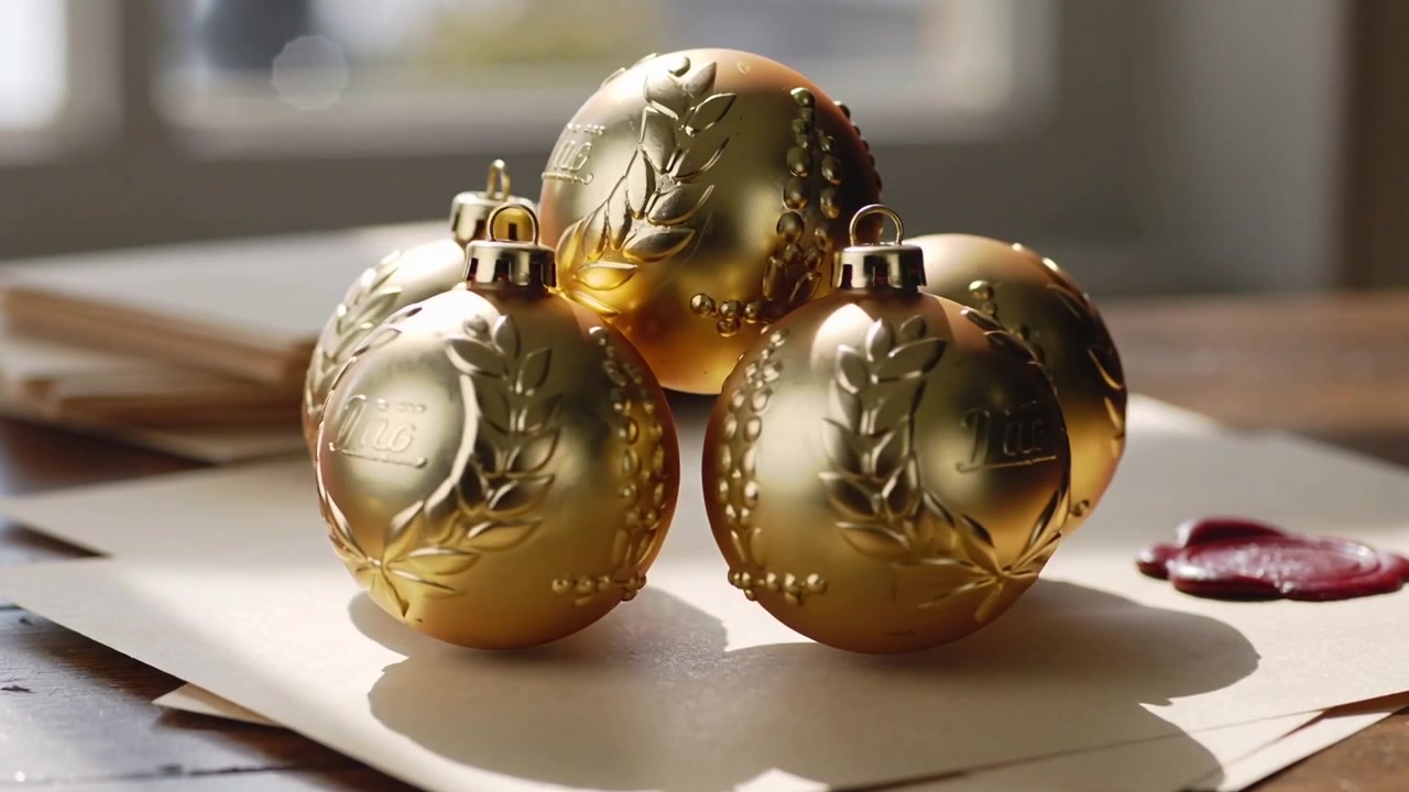Panning camera detailing gold embossed ornaments on letters on wood table with red seal and window