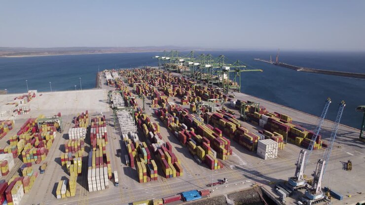 Aerial Dolly shot of maritime containers on Port Sines cargo terminal