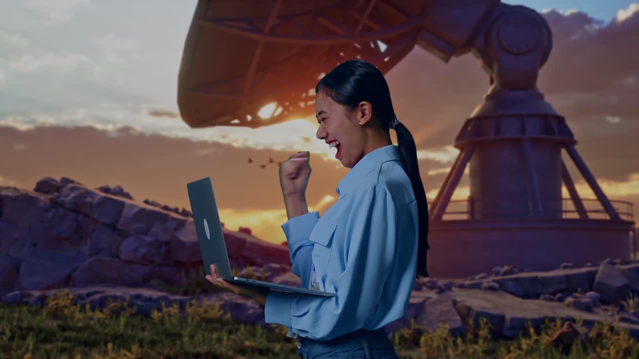 Side View Of An Asian Female Professional Worker Standing With Her Laptop With Large Satellite Dish, She Raises Her Fist Up With Screaming Goal After Typed On The Laptop