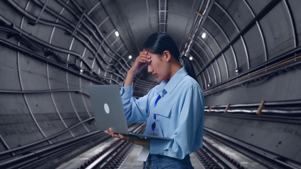 Side View Of Asian Female Professional Worker Use Laptop In Underground Subway Tunnel,  She Is Nodding Her Shead With Dissapionted