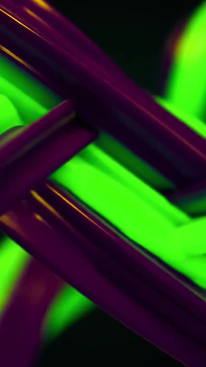 Forme astratte intrecciate verde neon e viola in movimento