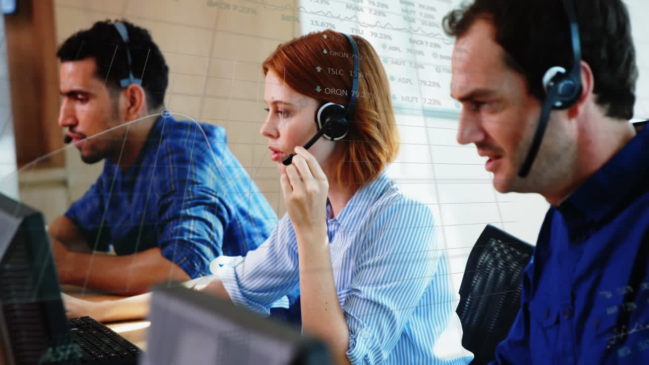 Animation of statistics and data processing over business people wearing phone headsets