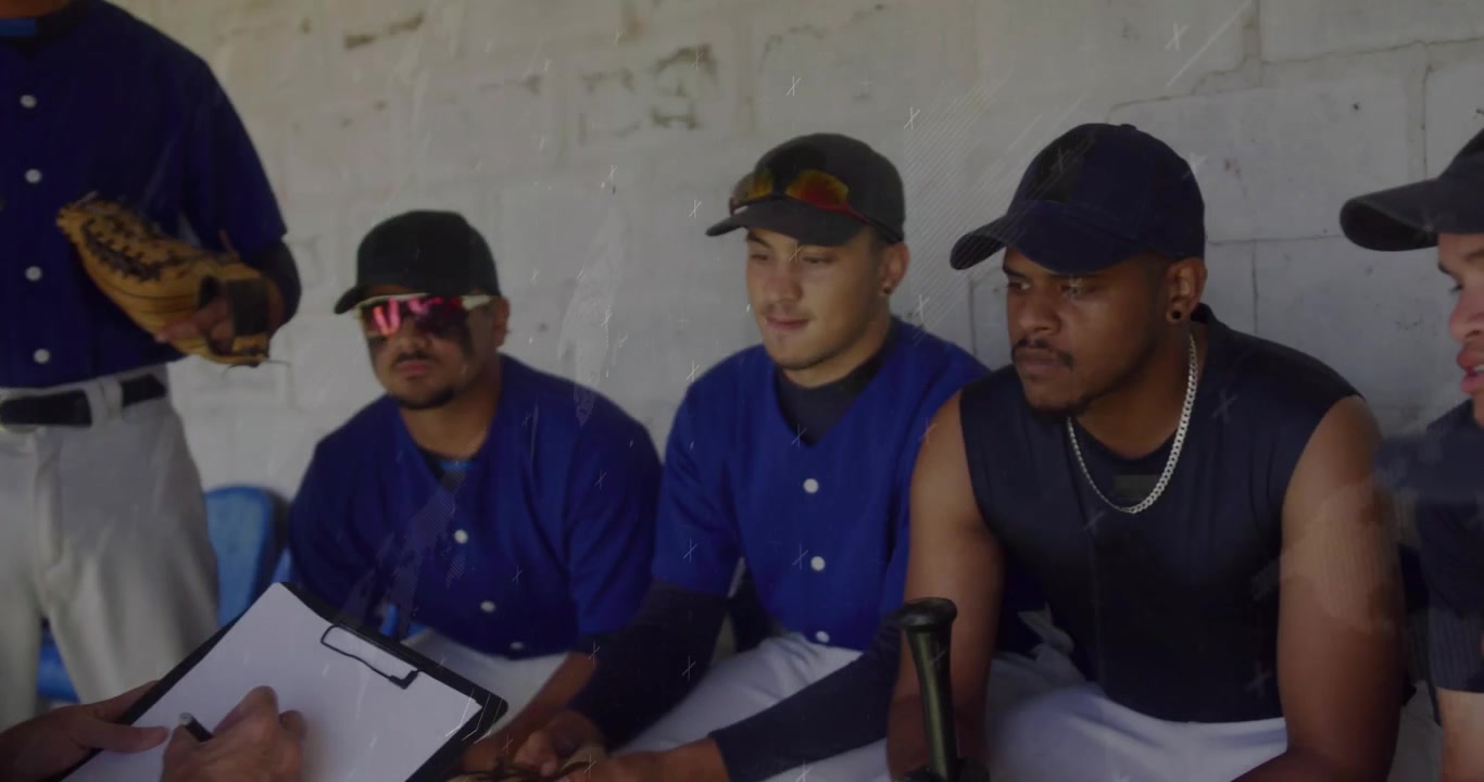 Trener dukker opp og briefer baseballspillere i dugout med animerte diagrammer som flimrer over utklippstavlen.