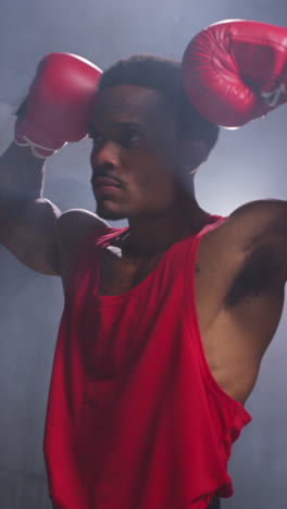 Vertical-Video-Of-Male-Boxer-Entering-Ring-Before-Start-Of-Boxing-Match-Waving-And-Greeting-Fans-Flexing-Muscles