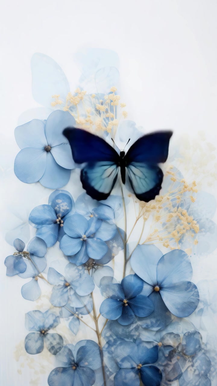 Farfalla blu che svolazza sopra fiori blu pressati