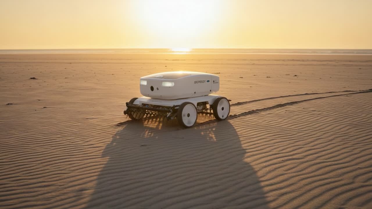 A Futuristic Autonomous Robot Navigating Through Sandy Terrain Under a Stunning Sunset, Showcasing Advanced Technology and Environmental Interaction